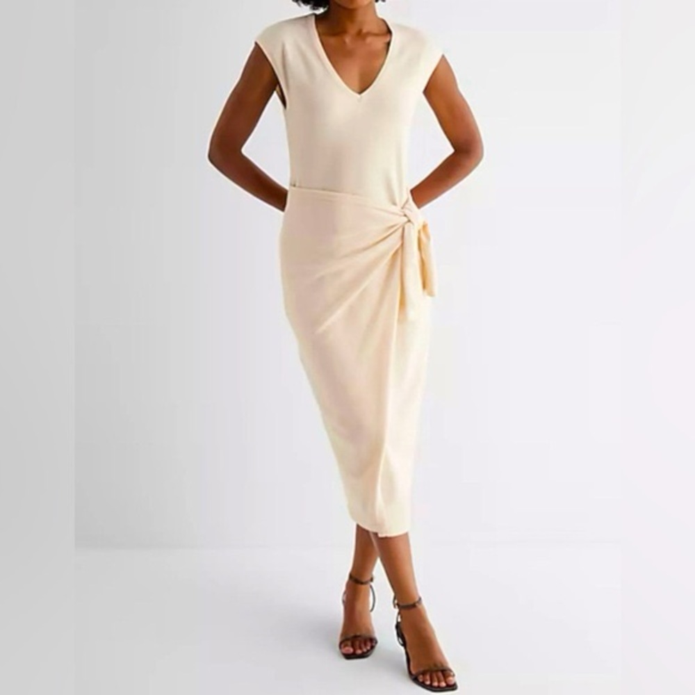 Express Cream V-Neck Tie-Side Midi Dress
